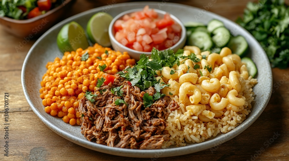 Pulled pork, rice, pasta, salad bowl, wood table, lunch Pulled pork, rice, pasta, salad bowl, wood table, lunch