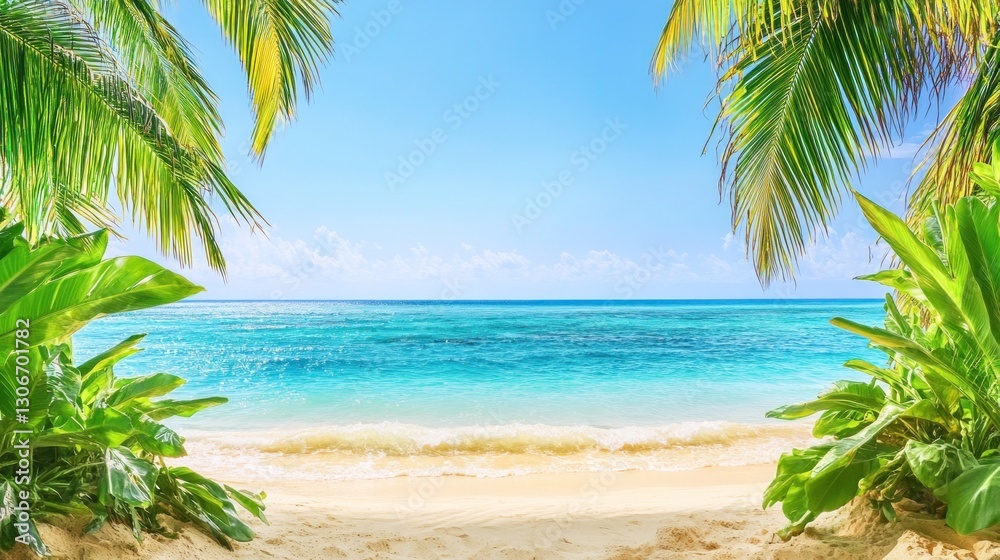 Obraz premium Tropical Paradise: Idyllic Beach Framed by Lush Palm Trees