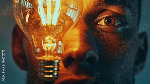 Man's Face Illuminated by Bright Idea.