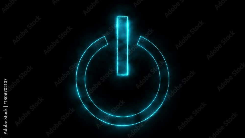 glowing neon cyan aqua color power button animation icon switch start stop close screen turn on off button sign symbol on black background 