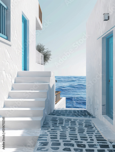 Serene coastal pathway with white buildings and stairs leading to the ocean.