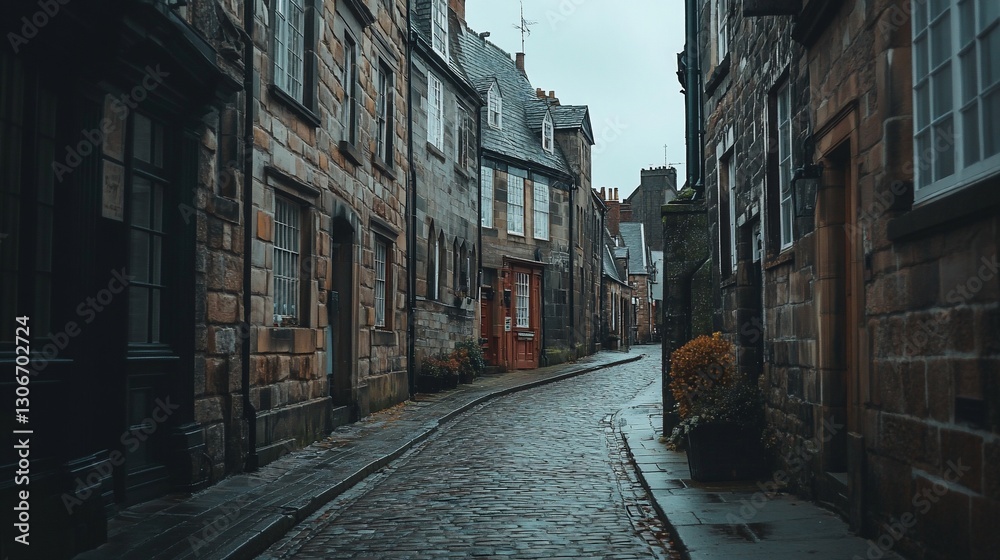 Fototapeta premium Rainy cobblestone street, old town, Europe, travel, history