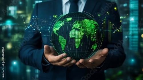 businessman holding green earth globe representing esg environmental social governance investing strategy and sustainable finance concept for ethical business growth