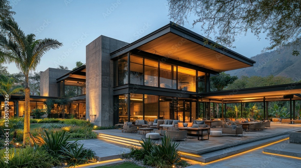 Fototapeta premium Modern house exterior patio at dusk with mountain view