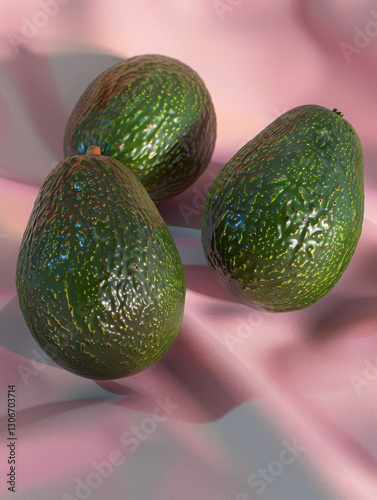 Three ripe avocados resting on a soft pink fabric backdrop.