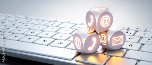 Three illuminated dice with communication  symbols on white keyboard - 3D illustration photo