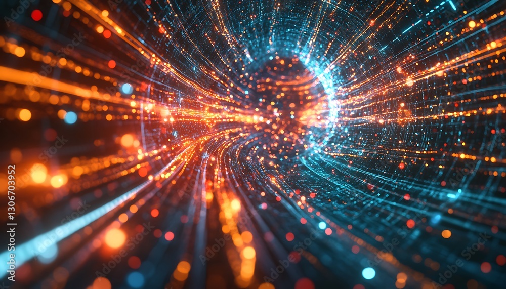 Data Network Evolution: Streams of digital data flowing into a massive AI core in the virtual realm Data Network Evolution: Streams of digital data flowing into a massive AI core in the virtual realm