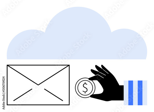 Hand holding coin near envelope beneath cloud representing digital communication, payment, and storage. Ideal for finance, cloud solutions, data transfer, email, e-commerce, digital economy