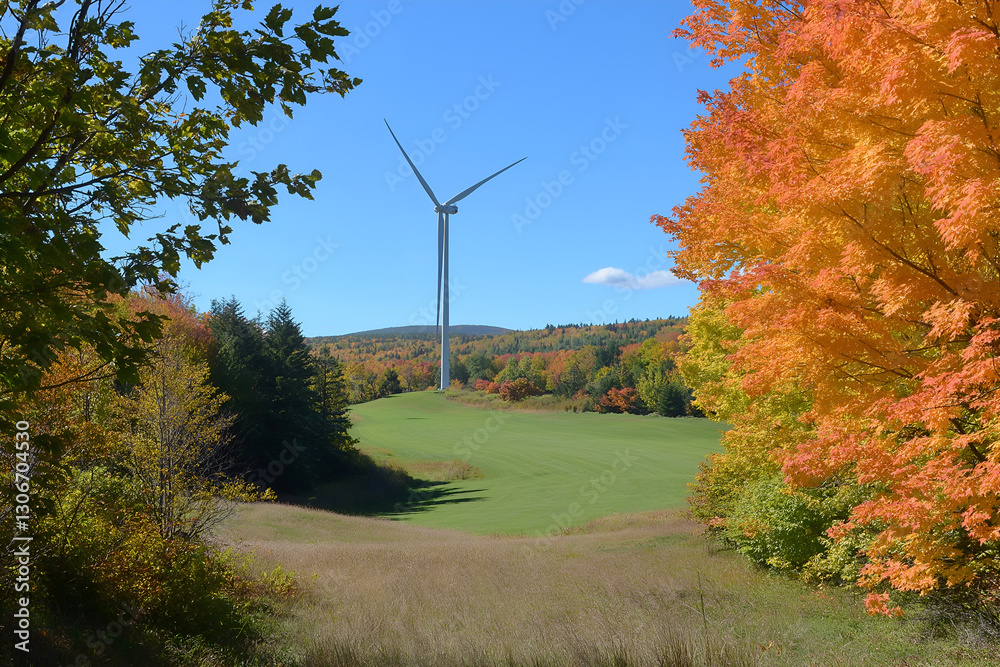 Obraz premium Wind generators on natural landscape under blue sky on sunset.