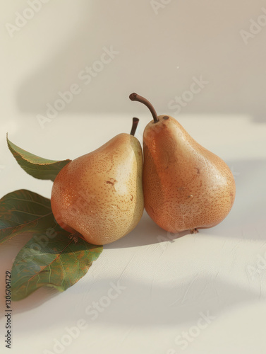 Two ripe pears with leaves, elegantly displayed against a soft background.