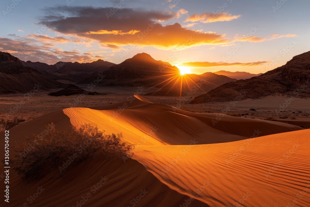 Naklejka premium A breathtaking view of golden sand dunes illuminated by the warm light of the setting sun, creating a beautiful interplay between light and shadow in the desert landscape.