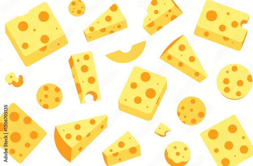 Cheese seamless pattern. Pieces of yellow cheese, isolated on a white background. Pieces of cheese of various shapes. Cheese seamless pattern. Pieces of yellow cheese, isolated on a white background. Pieces of cheese of various shapes.
