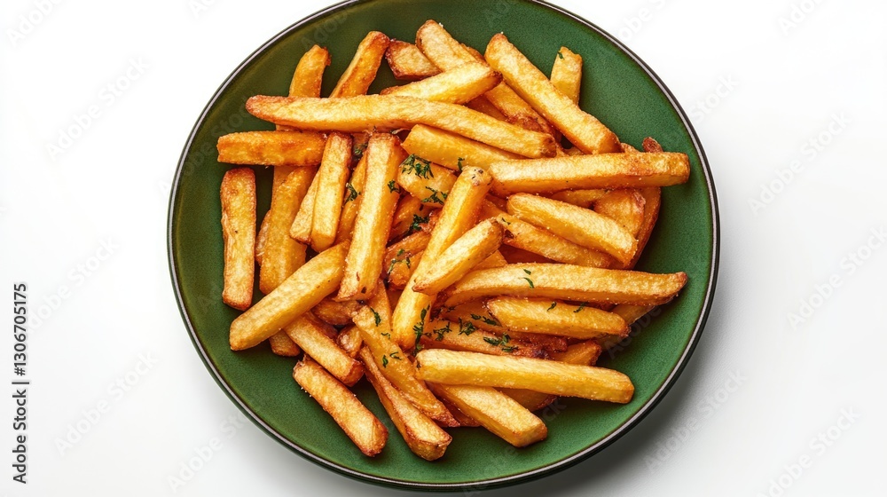 A delicious serving of golden french fries on a green plate A delicious serving of golden french fries on a green plate