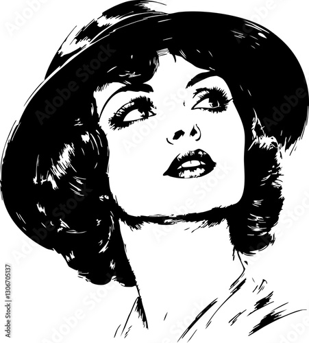 Stylized Black and White Portrait of a Glamorous Woman in a Hat - Ideal for Vintage Aesthetic Projects