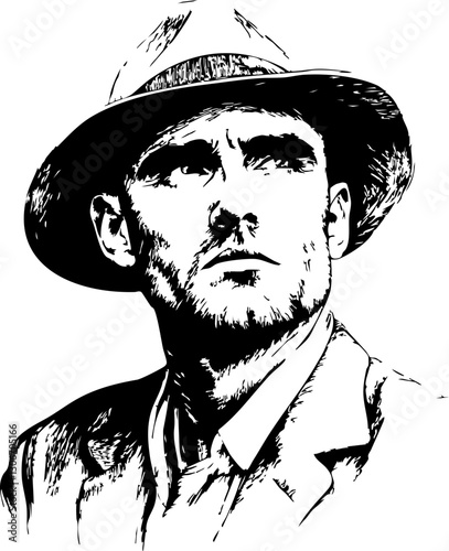 Stylized Vector Portrait of a Pensive Man with a Hat: Ideal for Illustrative Designs and Nostalgic Themes
