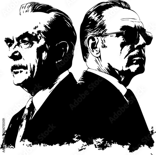 Stylized black and white vector illustration of two men, showcasing strong facial features; ideal for graphic design projects.