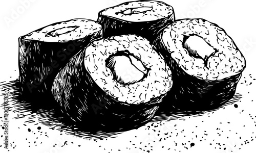 Vector Black and White Illustration of Sushi Rolls: Ideal for Culinary Designs and Food Menus