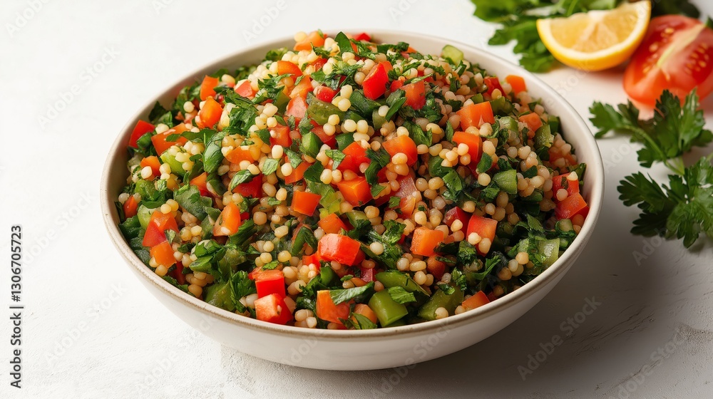 Fresh vegetable salad with colorful vegetables and grains in a rustic bowl Fresh vegetable salad with colorful vegetables and grains in a rustic bowl