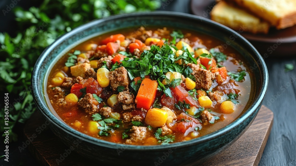 bowl of hearty chili with cornbread and fresh garnishes on wooden surface bowl of hearty chili with cornbread and fresh garnishes on wooden surface