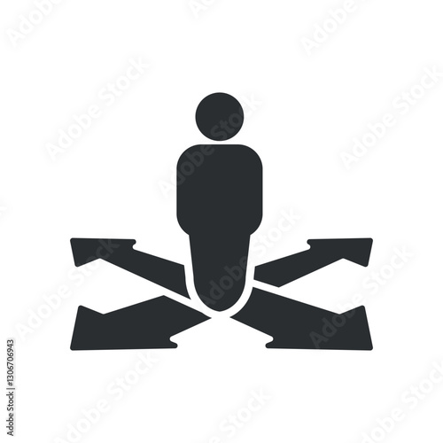 vector illustration of a flat design of a person between four path options with arrows.