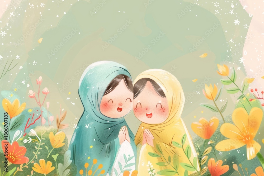 Eid mubarak acrylic illustration cartoon adult togetherness. Eid mubarak acrylic illustration cartoon adult togetherness.