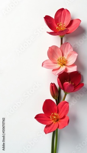 Delicate red, pink & peach blooms artfully arranged on pristine white background , elegant, petal, soft