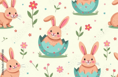 Seamless pattern with cute bunnies in Easter eggs and flowers. Perfect for spring and Easter designs. The pattern is in vector format, so it can be scaled to any size without losing quality. photo