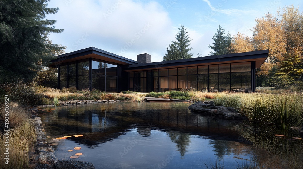 Fototapeta premium Modern Lakeside Residence: Architectural Design and Serenity