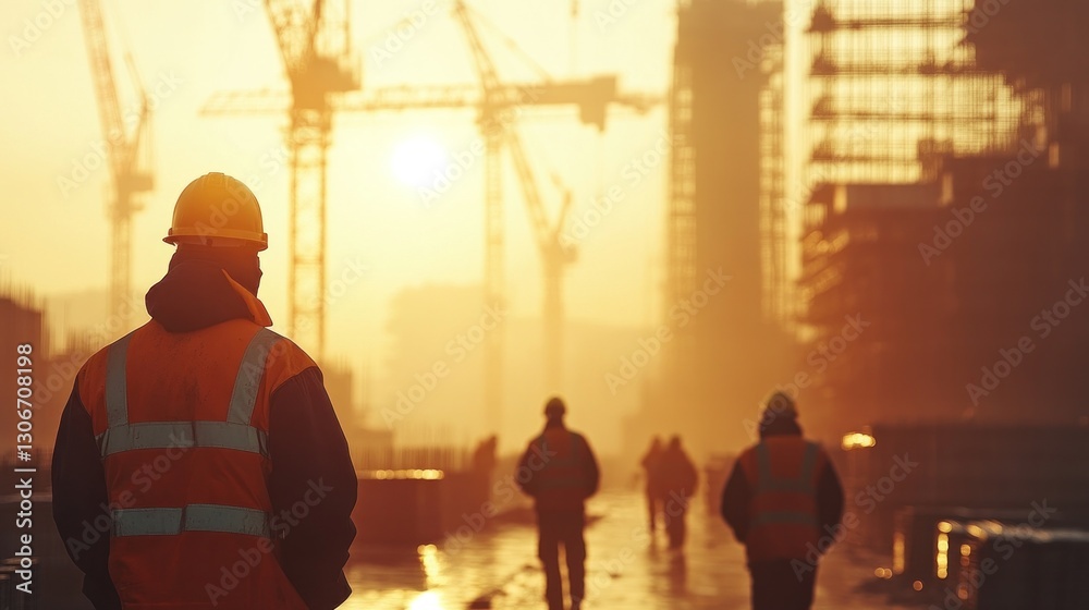 Fototapeta premium Team of engineers and a foreman reviewing progress near large construction cranes blurred by light haze