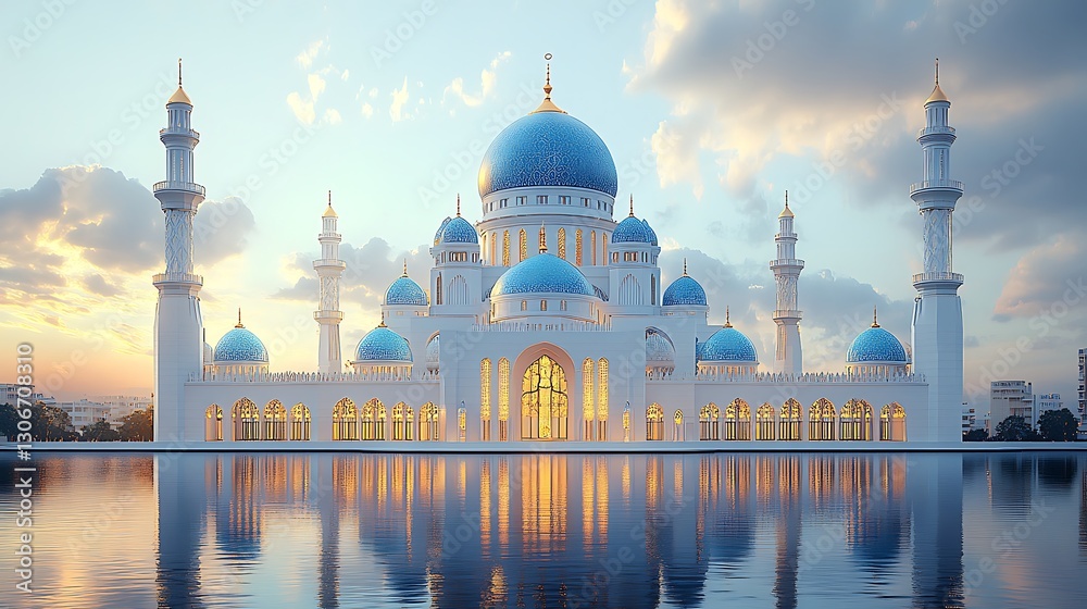 Obraz premium Majestic Mosque with Turquoise Domes Reflecting in Water at Sunset