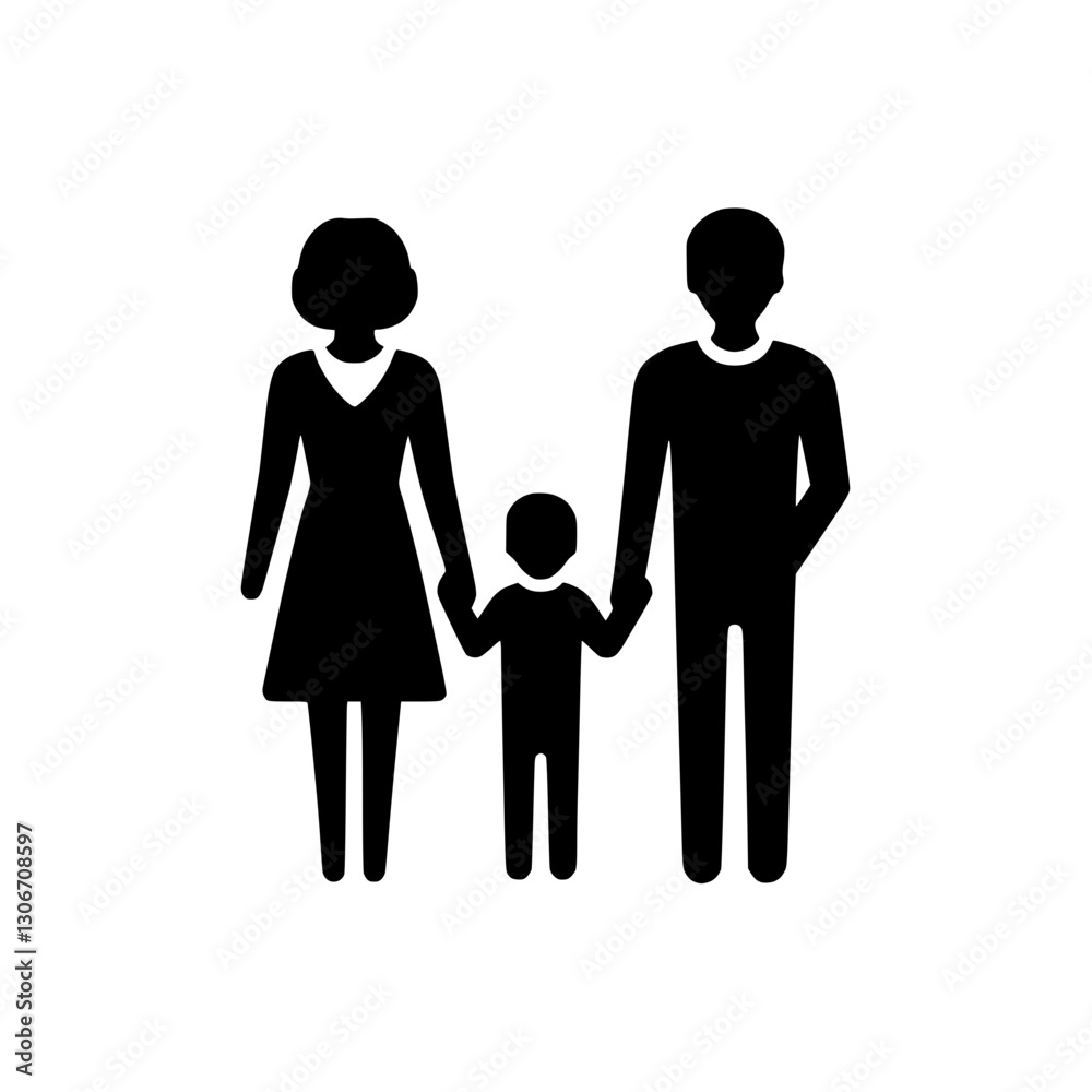 Silhouette icon of a family holding hands, representation of familial bonds and togetherness Silhouette icon of a family holding hands, representation of familial bonds and togetherness