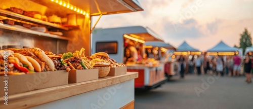 Food Truck Festival, Vibrant food stalls at sunset with delicious dishes and people enjoying the outdoor atmosphere.