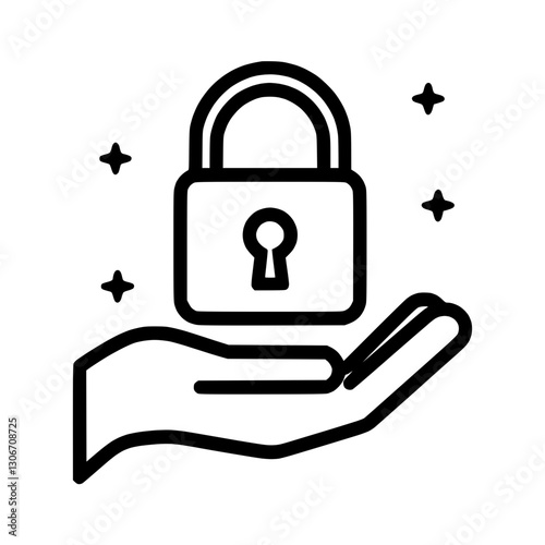 Outline icon of data protection with a lock and hand, representation of security and privacy