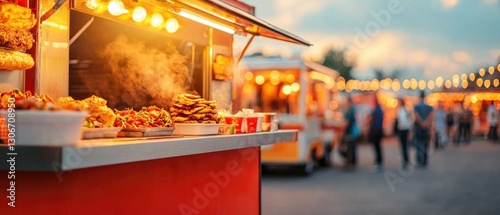 Food Truck Festival, Colorful food stall with steaming dishes and vibrant atmosphere at a lively outdoor market.