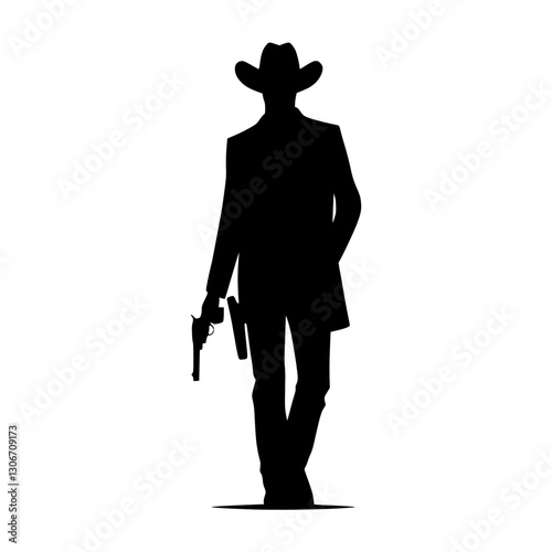 Silhouette of a cowboy figure with guns, western motif, action and adventure representation