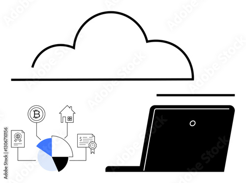 Cloud with laptop, connected data visuals. Bitcoin, real estate, financial assets interplay. Ideal for technology, innovation, virtual storage, finance blockchain analytics digital transformation