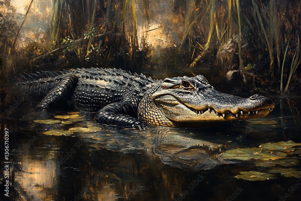 Fototapeta premium This portrayal captures the ancient allure of an alligator in its natural domain, emphasizing its silent movement through shadowy, mysterious waters and the enduring balance between predator