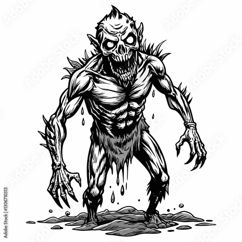 Spooky Zombie Monster Illustration with Grotesque Features and Dripping Goo