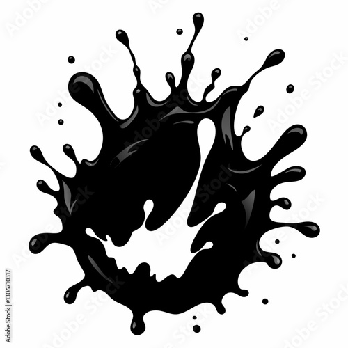 Abstract Black Ink Splash with Liquid Droplets on White Background