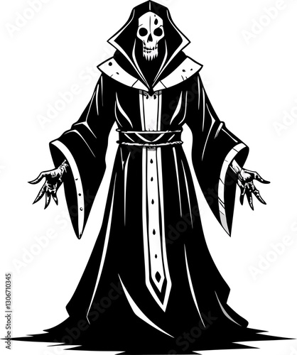 Grim Reaper in Black Robe Illustration   Hand Drawn Skeleton with Hood