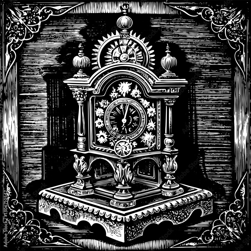 Fototapeta premium A black and white drawing of a clock with a white face and hands