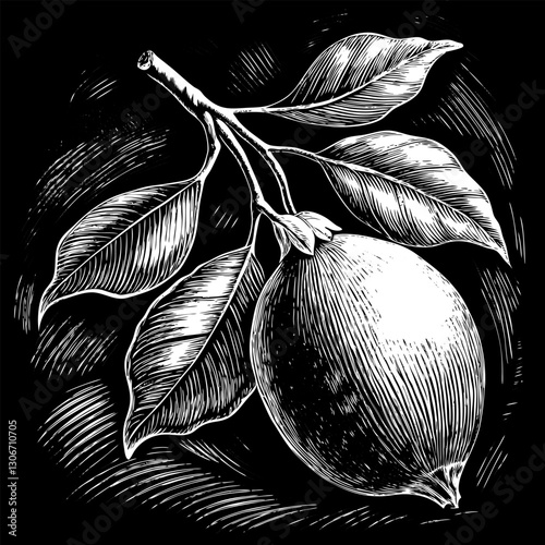 A drawing of a lemon with a leaf on it