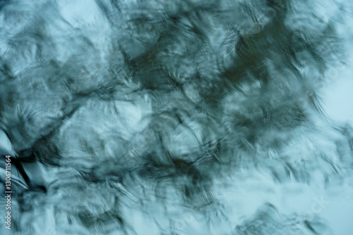 Abstract background in shades of teal: casuarina tree viewed through a wet windscreen on a rainy day by the sea