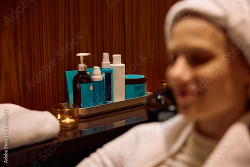 Variety of hair styling products at hairdresser's. photo