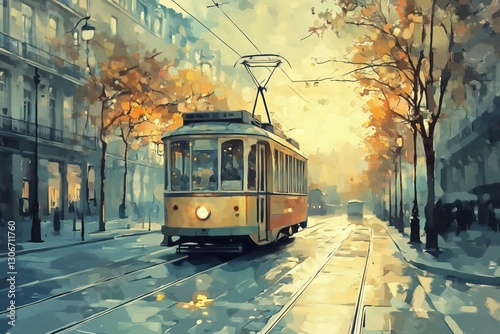 Tram glides through a misty city, framed by autumn trees.