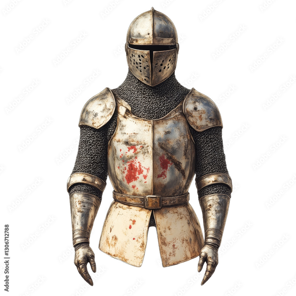 Naklejka premium Weathered Medieval Plate Armor with Great Helm and Chainmail