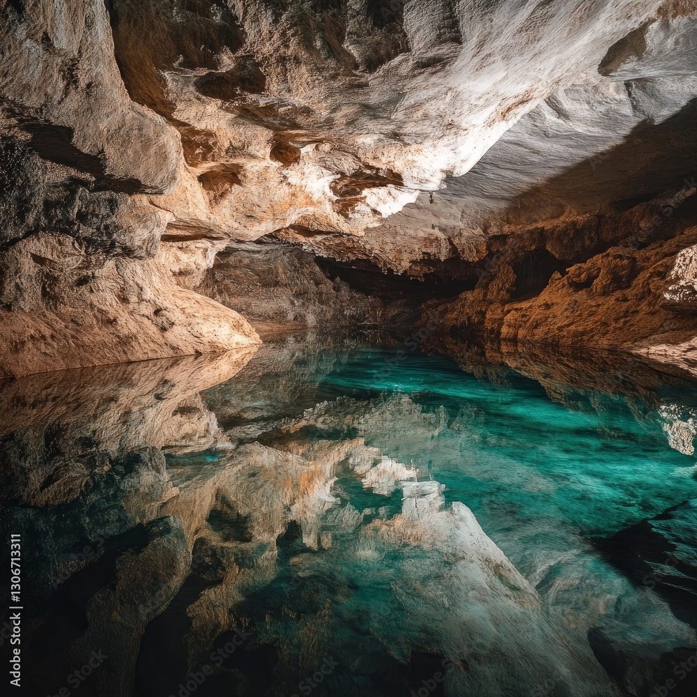 Fototapeta premium Crystalline cave with an underground lake, depicting clear, serene lake waters mirroring the rocky ceiling