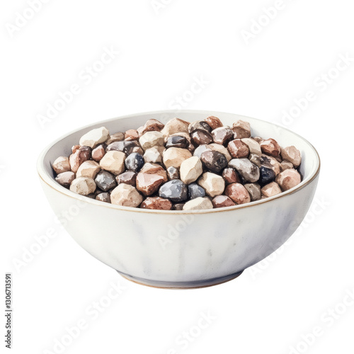 White Bowl with Marbled Design Holds Assorted Natural Stones