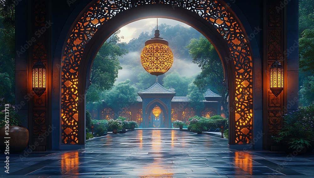 Obraz premium Glistening Path Through an Ornate Archway Leading to a Serene Courtyard