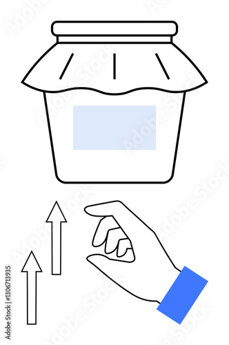 Hand extends toward a neatly sealed jar with fabric cover, accompanied by upward arrows symbolizing aspiration, progress, and success. Ideal for packaging, goals, progress, preservation, growth